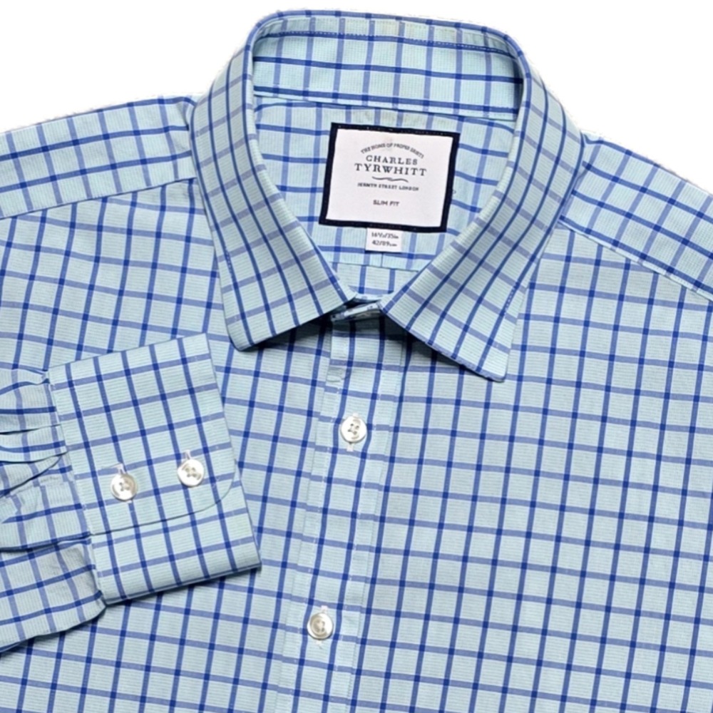 Charles Tyrwhitt Mens 16.5 / 35 Dress Shirt Slim Fit Blue‎ Check Twill